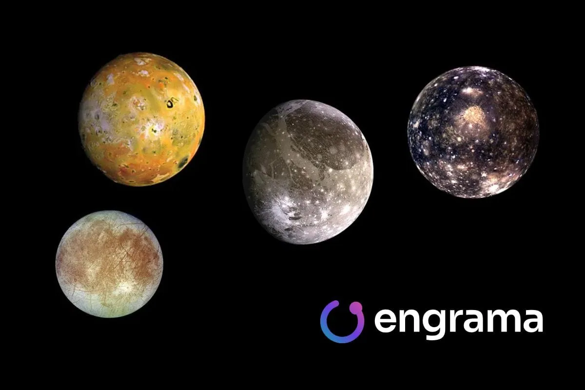 Júpiter acompanhado pelos quatro satélites galileanos alinhados no espaço profundo.